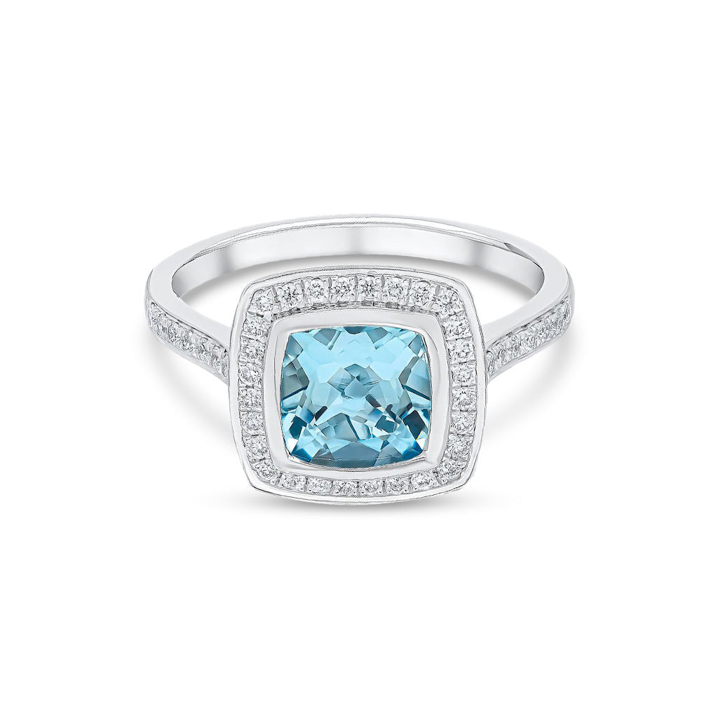 18ct White Gold Round Natural Aquamarine and Diamond Cluster Ring