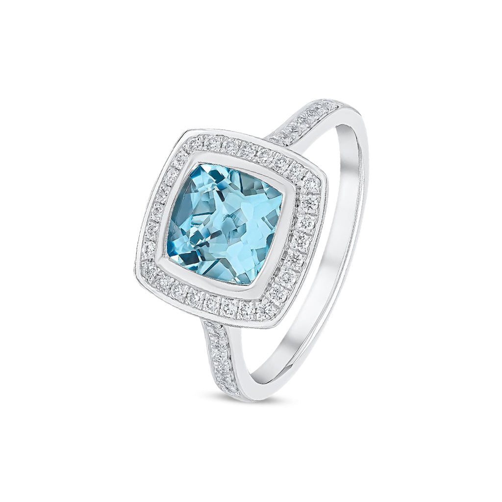 18ct White Gold Round Natural Aquamarine and Diamond Cluster Ring