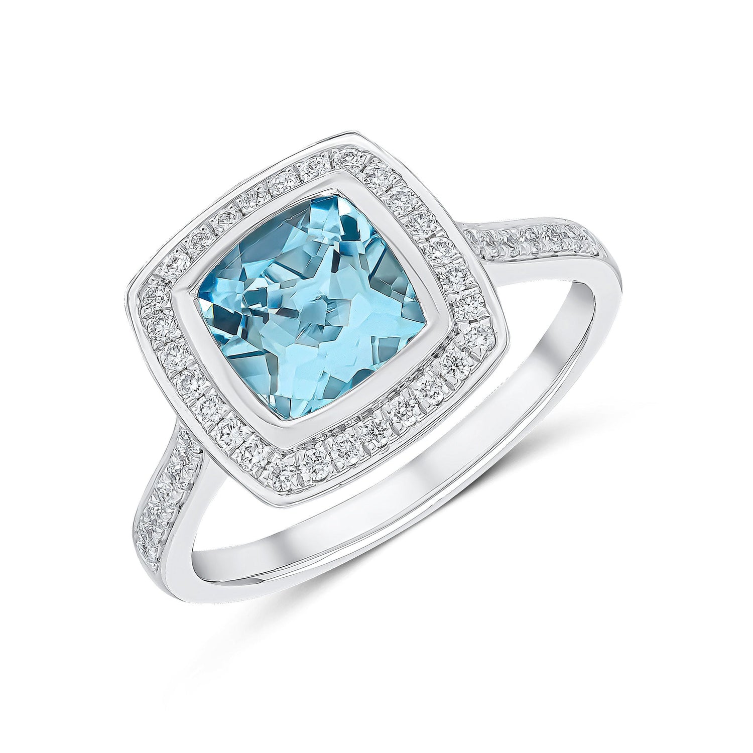 18ct White Gold Round Aquamarine & Diamond Cluster Ring