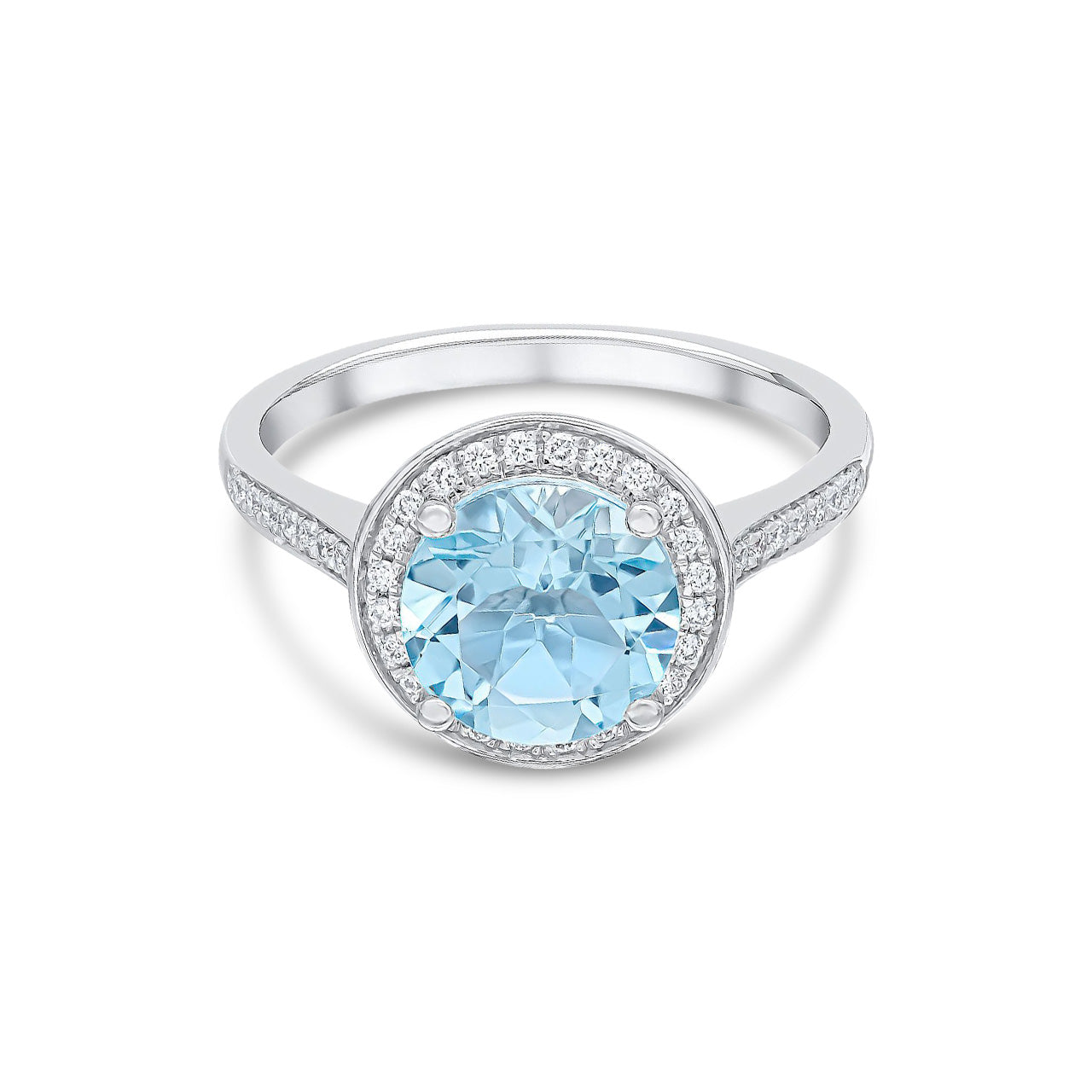 18ct White Gold Claw Set Round Natural Aquamarine and Millegrain Diamond Cluster Ring — 8mm
