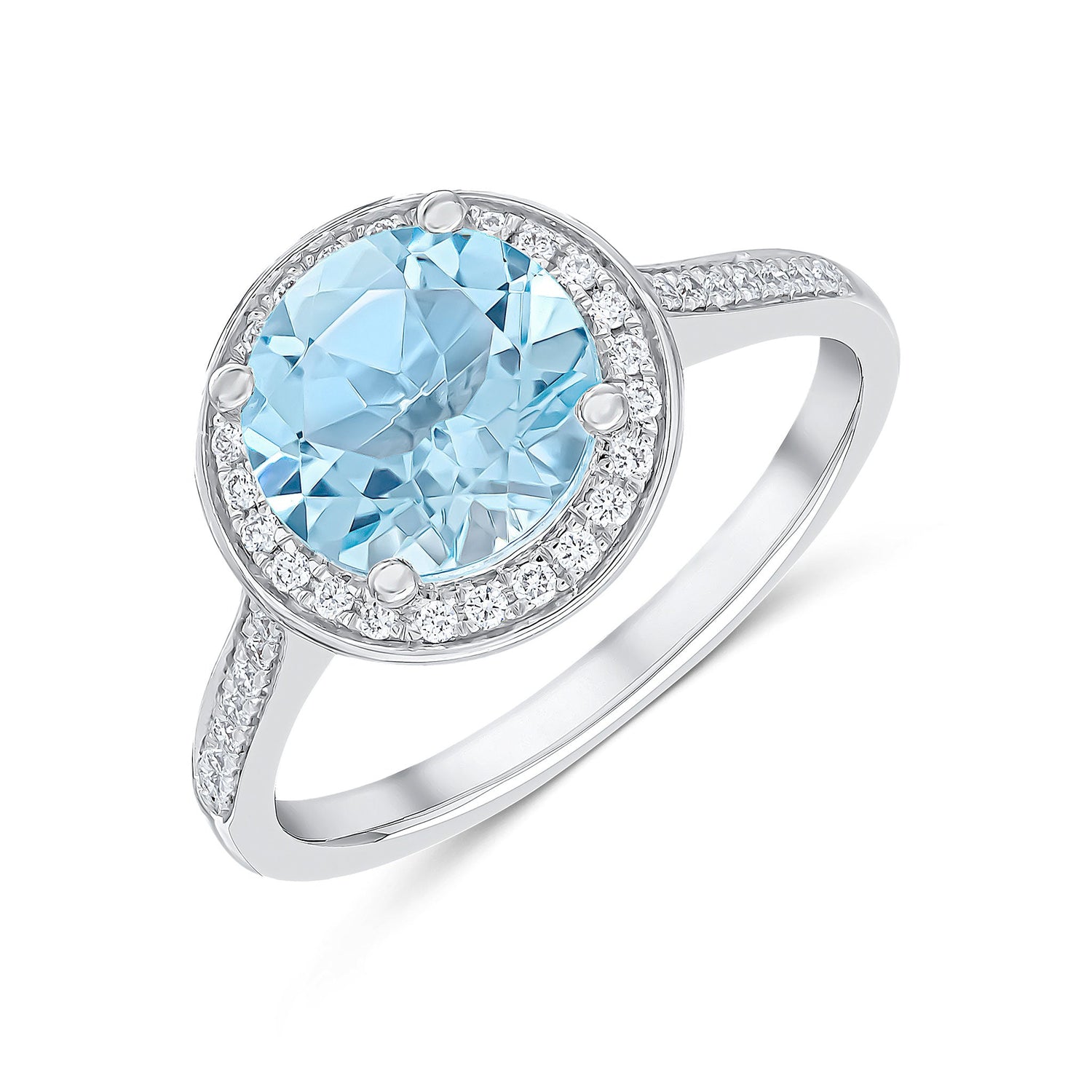 18ct White Gold Claw Set Round Natural Aquamarine and Millegrain Diamond Cluster Ring — 8mm