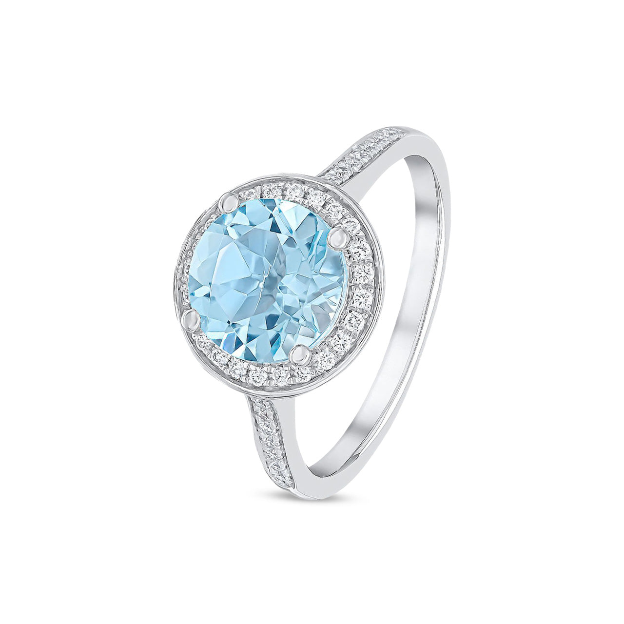 18ct White Gold Claw Set Round Natural Aquamarine and Millegrain Diamond Cluster Ring — 8mm