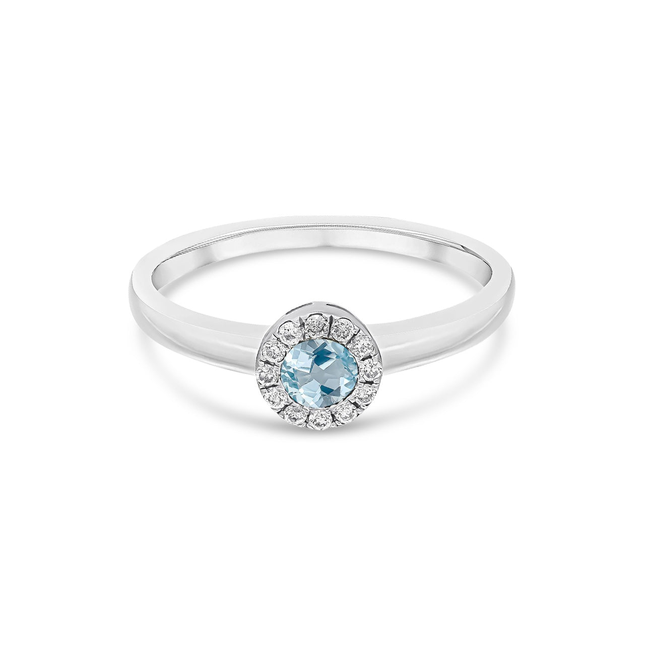 18ct White Gold Round Natural Aquamarine and Diamond Halo Cluster Ring