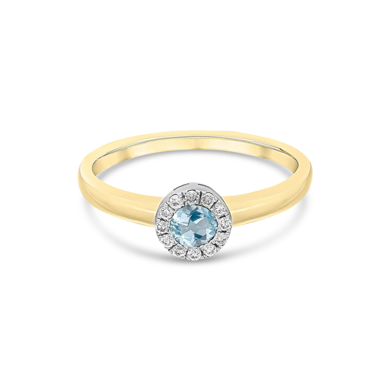 18ct Yellow Gold Round Natural Aquamarine and Diamond Halo Cluster Ring