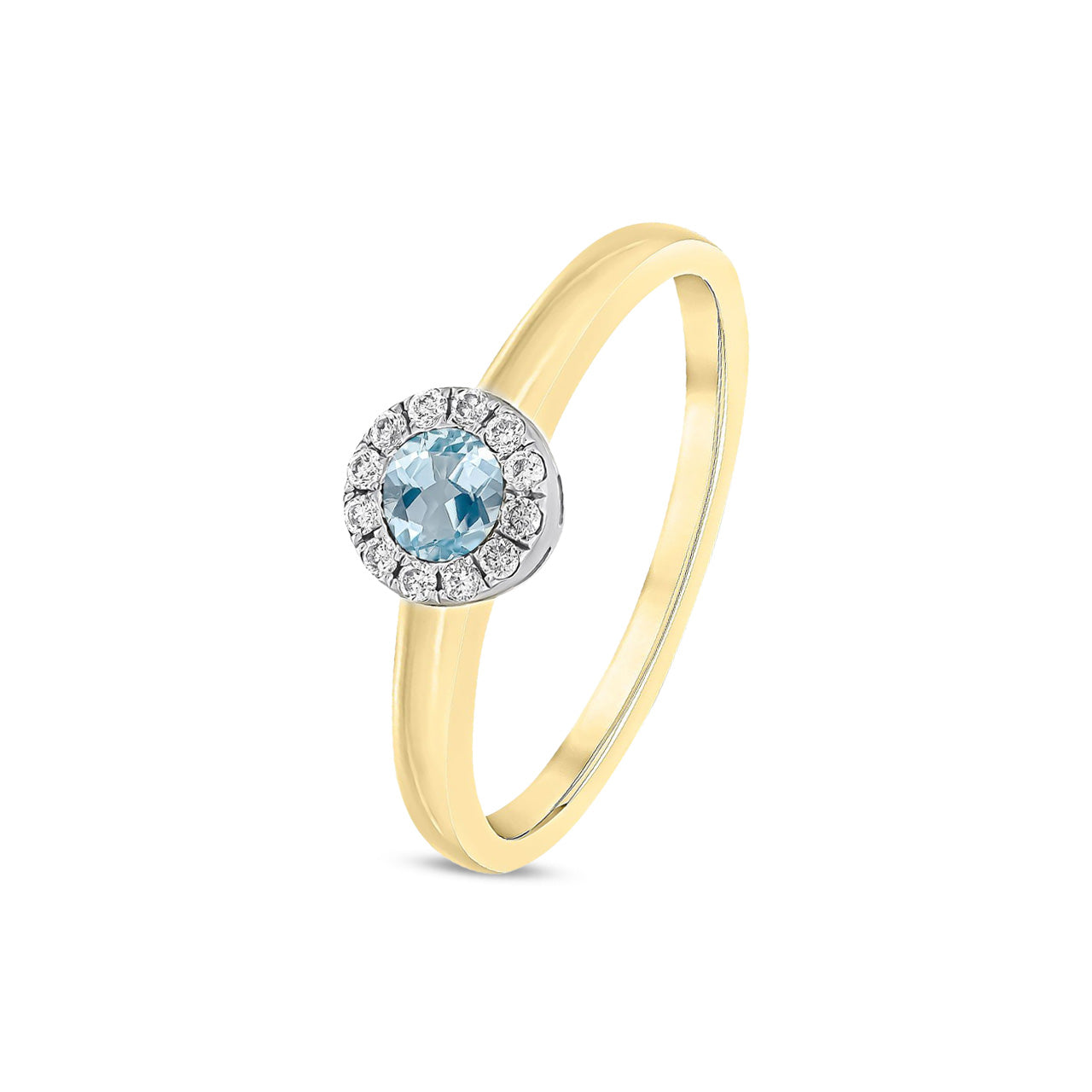 18ct Yellow Gold Round Natural Aquamarine and Diamond Halo Cluster Ring