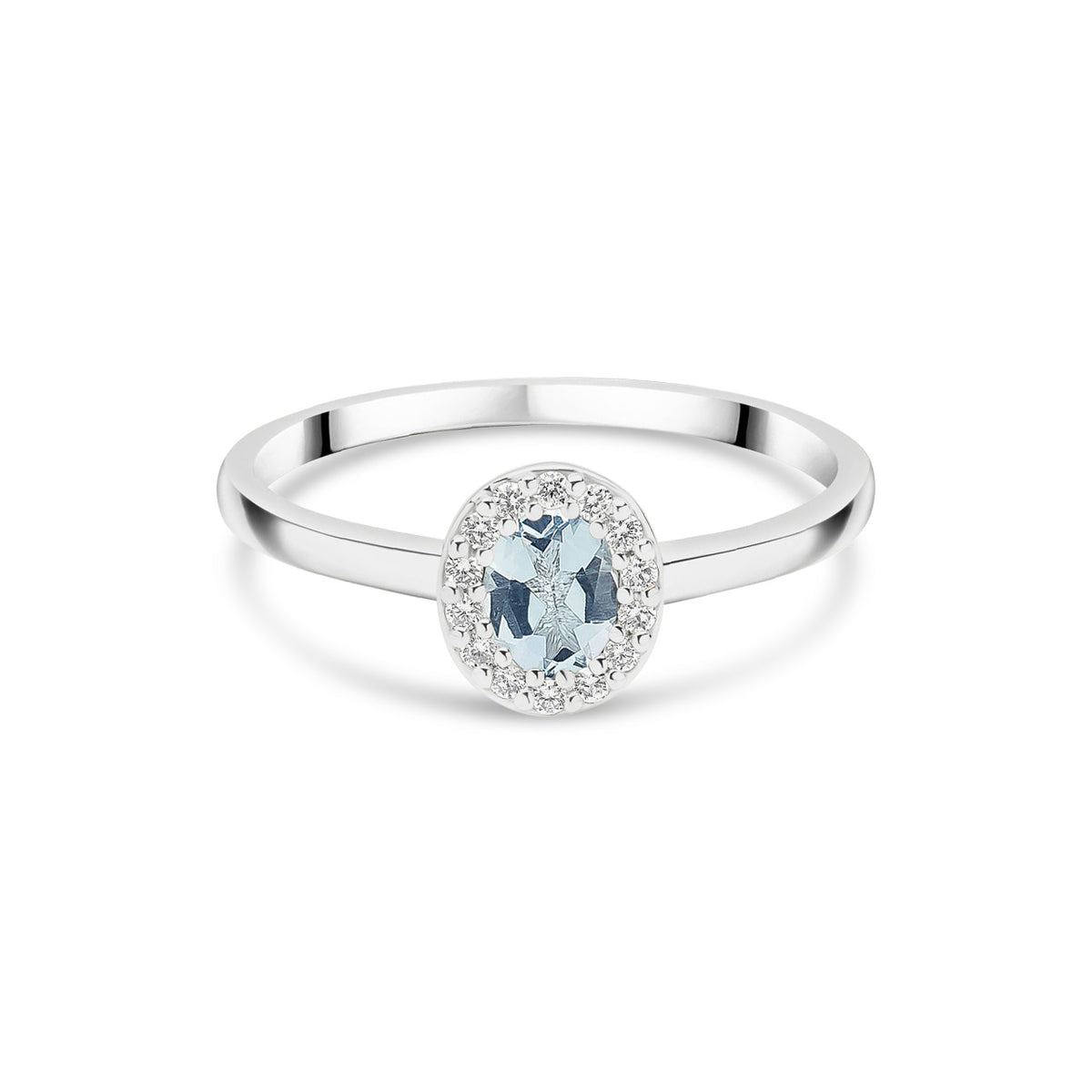 18ct White Gold Oval Natural Aquamarine and Diamond Halo Cluster Ring