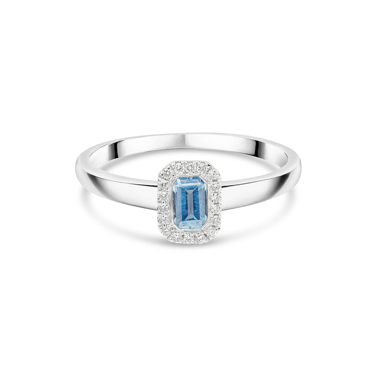 18ct White Gold Octagonal Emerald Cut Natural Aquamarine and Diamond Halo Cluster Ring