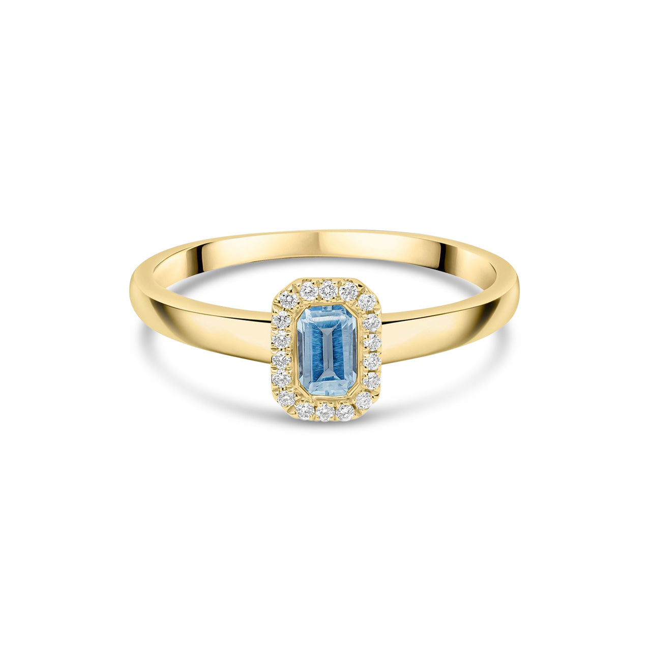 18ct Yellow Gold Octagonal Emerald Cut Natural Aquamarine and Diamond Halo Cluster Ring
