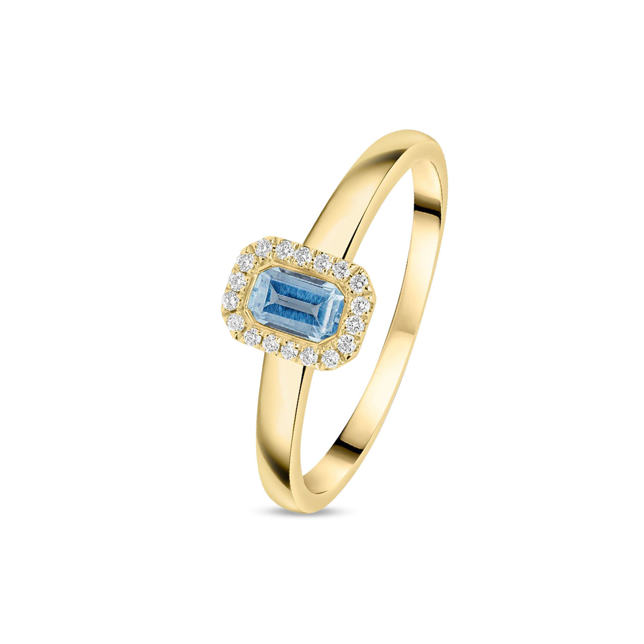 18ct Yellow Gold Octagonal Emerald Cut Natural Aquamarine and Diamond Halo Cluster Ring