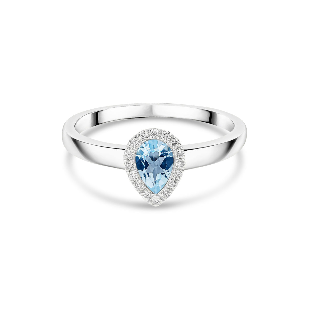 18ct White Gold Pear Shaped Natural Aquamarine and Diamond Halo Cluster Ring