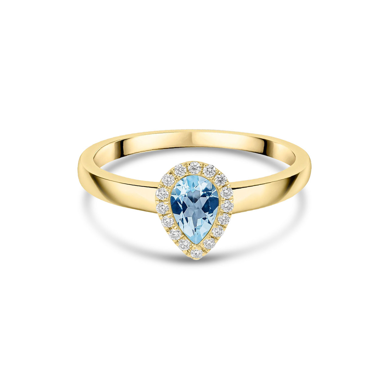 18ct Yellow Gold Pear Shaped Natural Aquamarine and Diamond Halo Cluster Ring