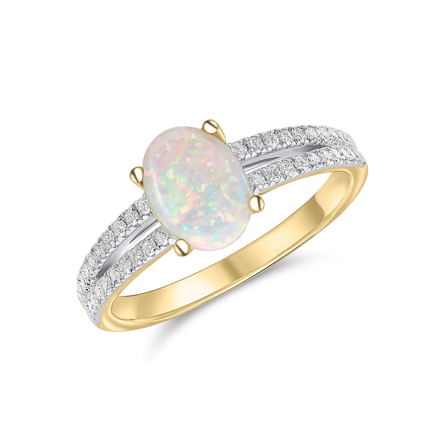 18ct Yellow Gold Oval Natural Opal Ring with Diamond Set Split Shoulders — 8x6mm