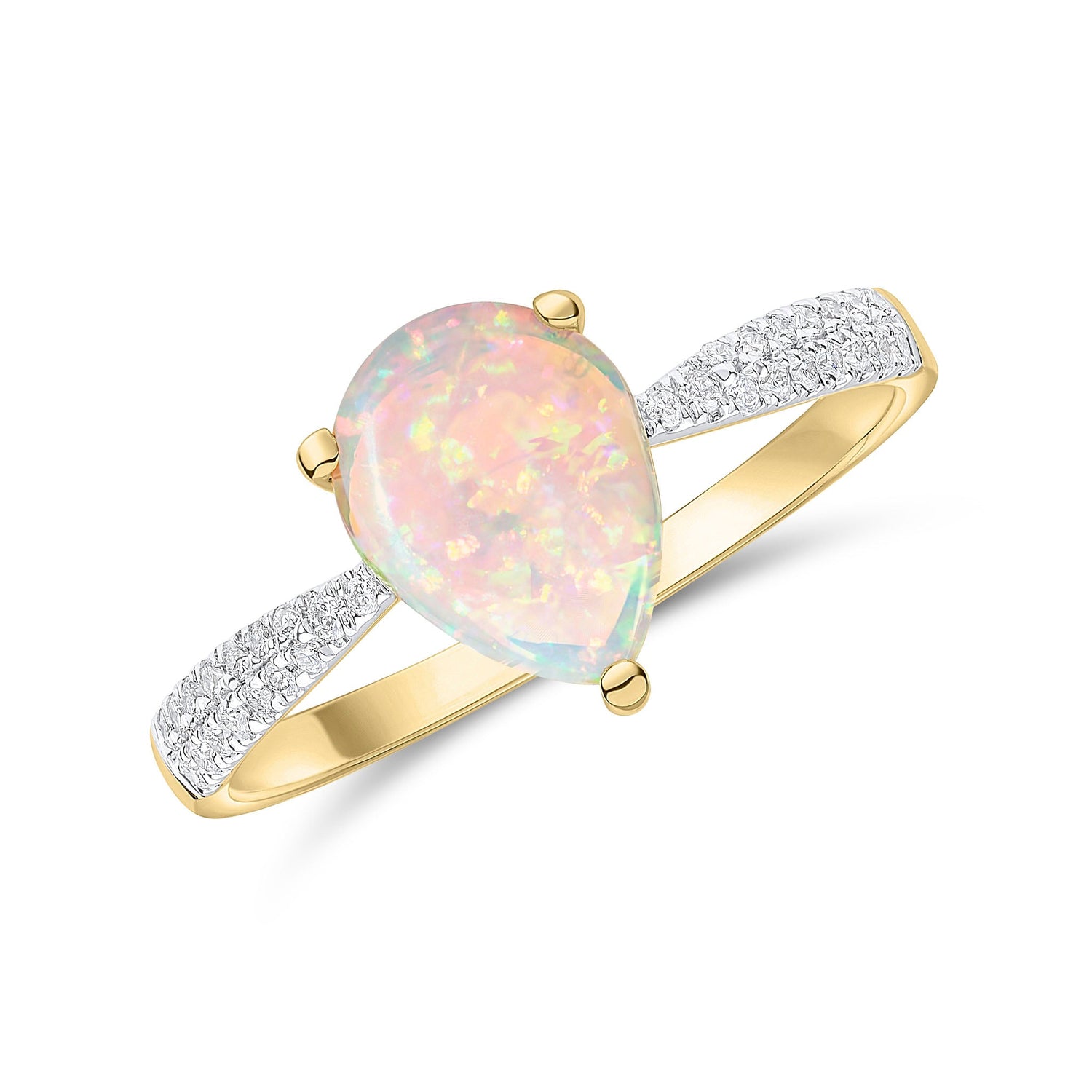 18ct Yellow Gold Pear Cut Natural Opal Ring with Diamond Set Shoulders — 9x7mm