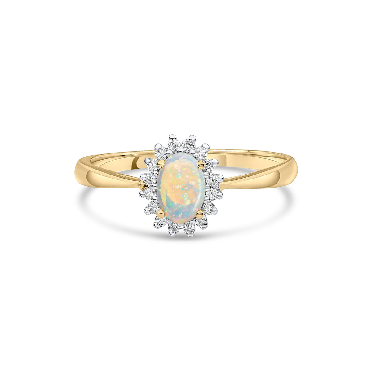 18ct Yellow Gold Oval Natural Natural Opal and Diamond Claw Set Cluster Ring — 6x4mm