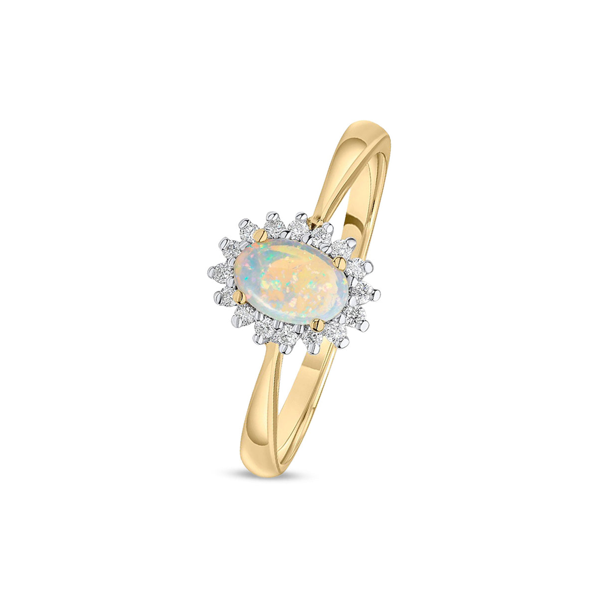 18ct Yellow Gold Oval Natural Natural Opal and Diamond Claw Set Cluster Ring — 6x4mm
