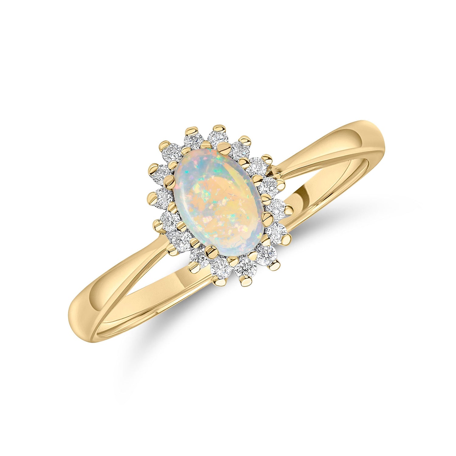 18ct Yellow Gold Oval Natural Natural Opal and Diamond Claw Set Cluster Ring — 6x4mm