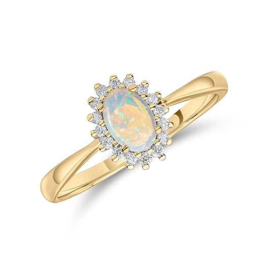 18ct Yellow Gold Oval Natural Natural Opal and Diamond Claw Set Cluster Ring — 6x4mm