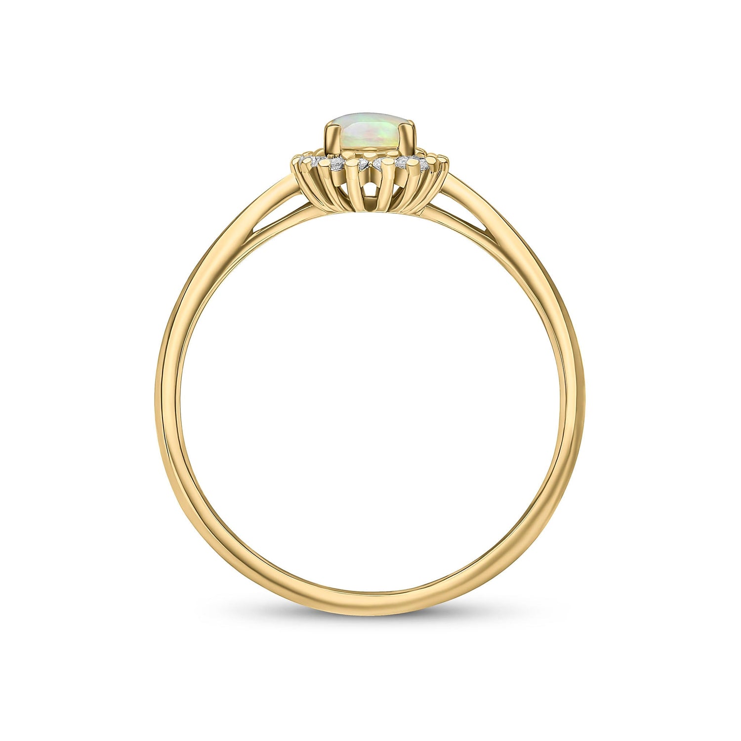 18ct Yellow Gold Oval Natural Natural Opal and Diamond Claw Set Cluster Ring — 6x4mm