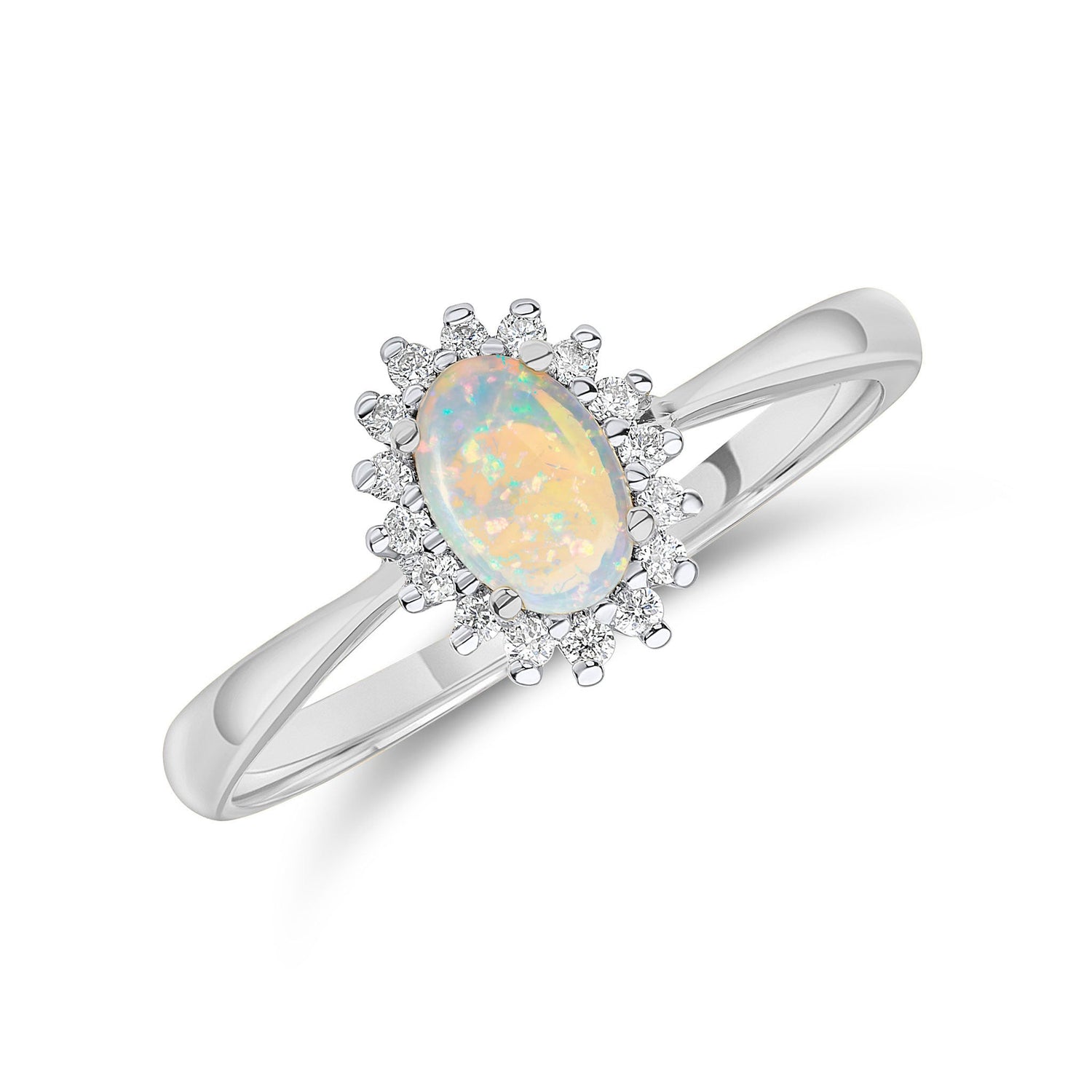 18ct White Gold Oval Natural Opal and Diamond Claw Set Cluster Ring — 6x4mm
