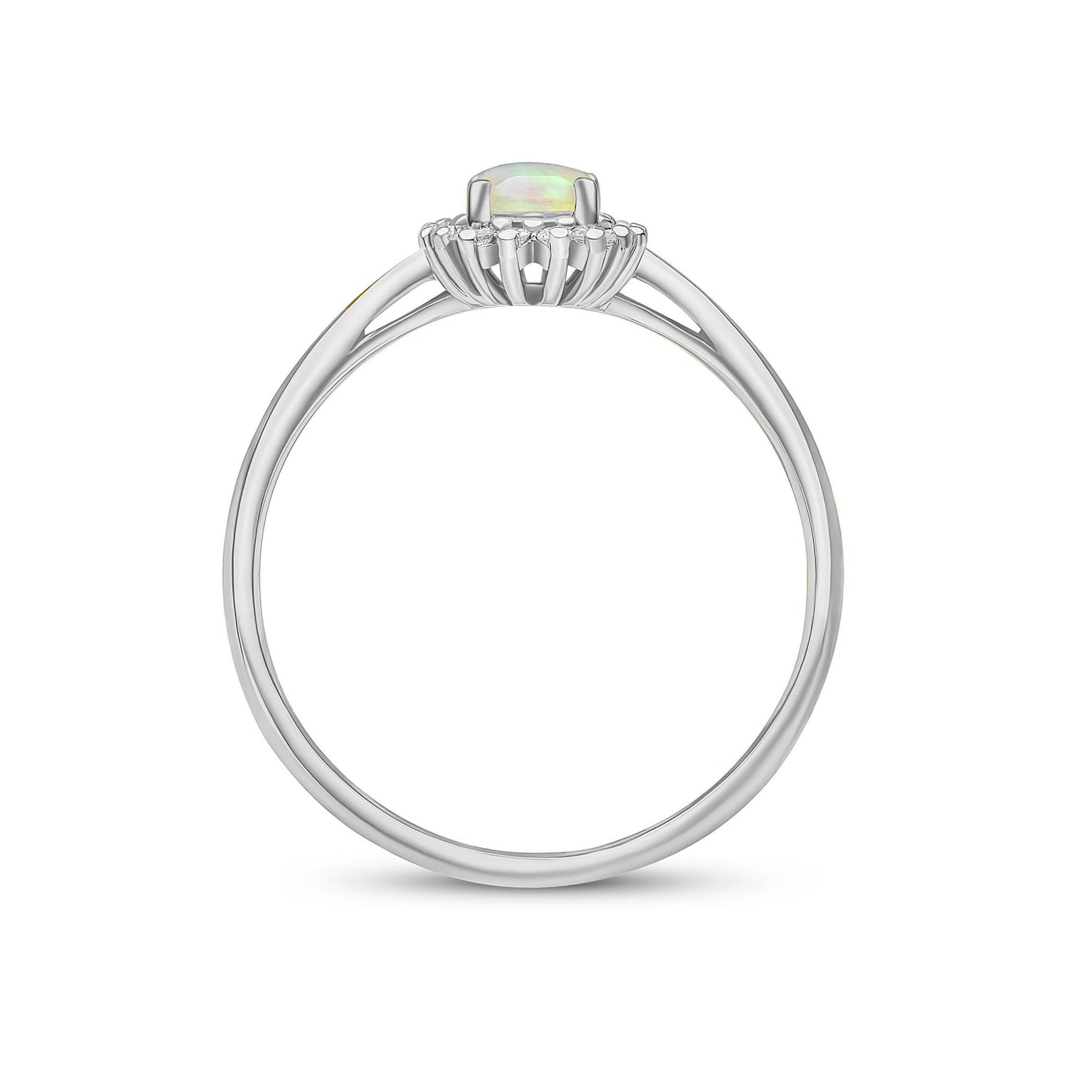 18ct White Gold Oval Natural Opal and Diamond Claw Set Cluster Ring — 6x4mm