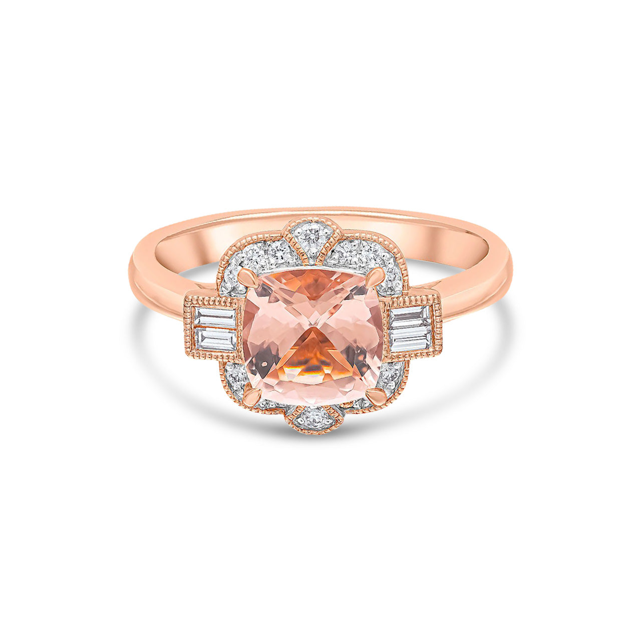 18ct Rose Gold Cushion Cut Natural Morganite and Round and Baguette Diamond Cluster Ring with Millegrain Edge — 7mm