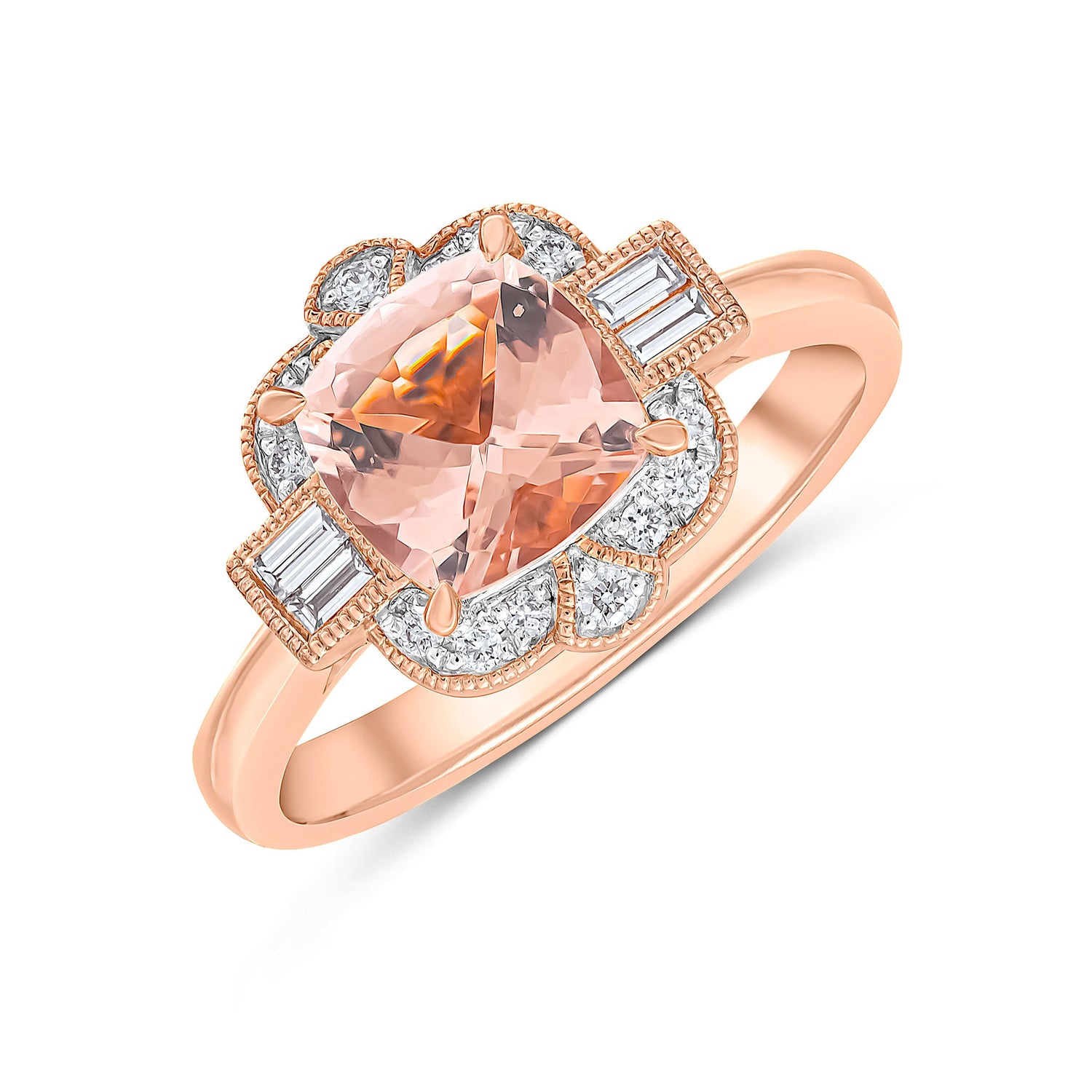 18ct Rose Gold Cushion Cut Natural Morganite and Round and Baguette Diamond Cluster Ring with Millegrain Edge — 7mm