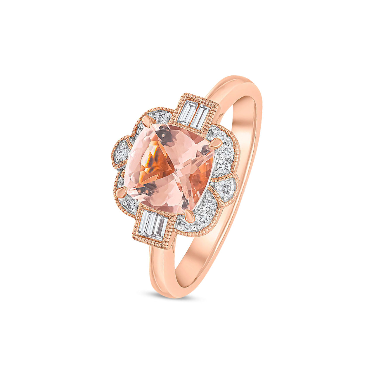 18ct Rose Gold Cushion Cut Natural Morganite and Round and Baguette Diamond Cluster Ring with Millegrain Edge — 7mm