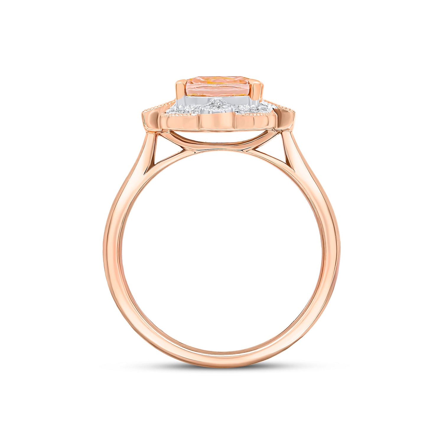 18ct Rose Gold Cushion Cut Natural Morganite and Round and Baguette Diamond Cluster Ring with Millegrain Edge — 7mm