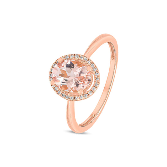 18ct Rose Gold Oval Natural Morganite and Diamond Halo Cluster Ring — 8x6mm