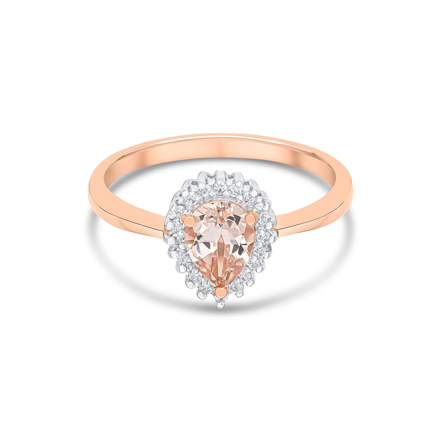 18ct Rose Gold Pear Shaped Natural Morganite and Diamond Cluster Ring  — 7x5mm