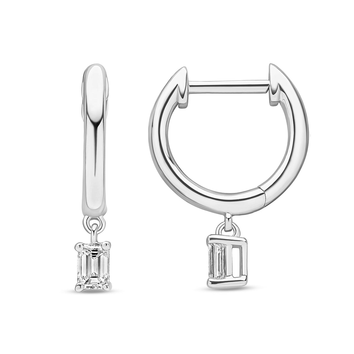 18ct White Gold Emerald Cut Natural Diamond Drop Hoop Earrings