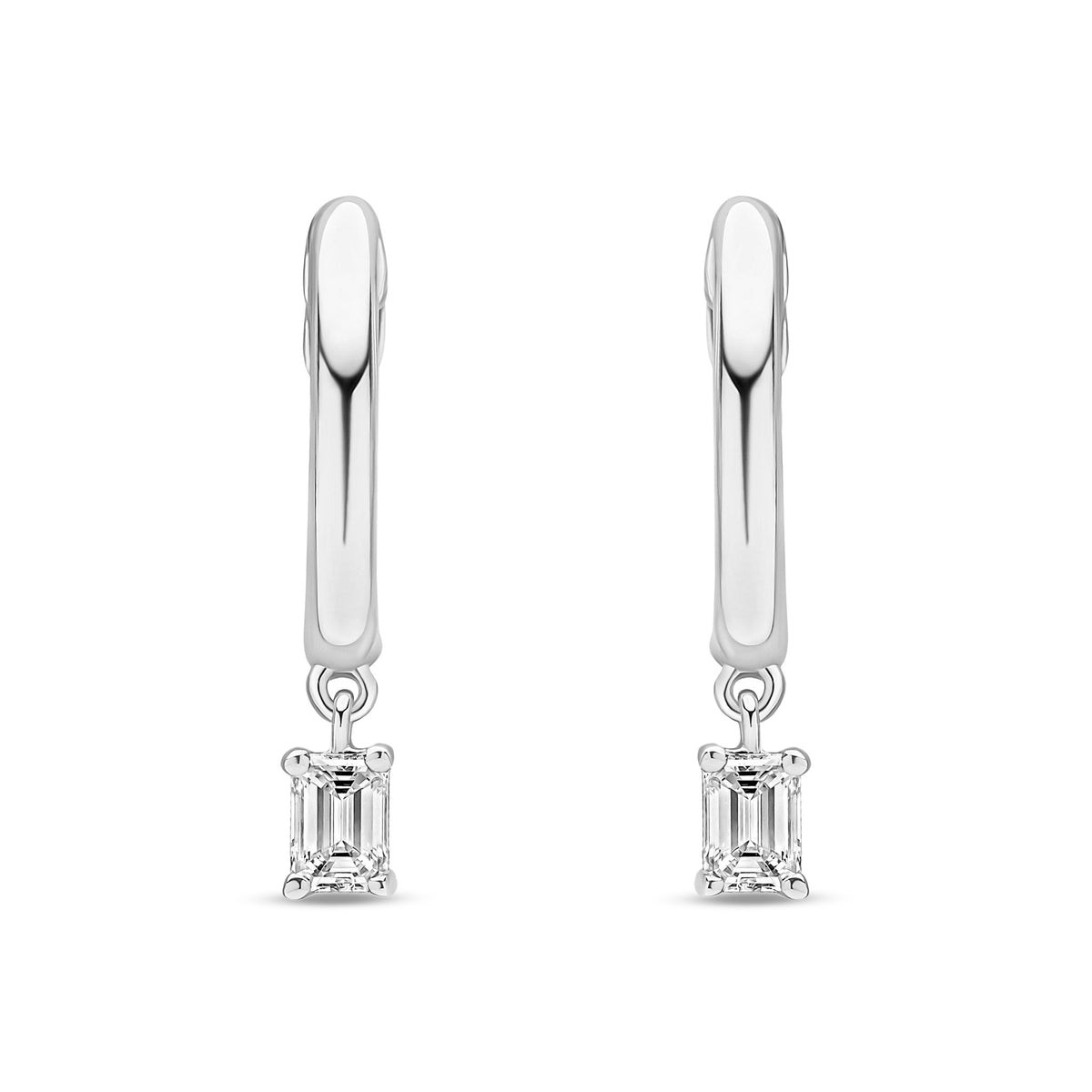 18ct White Gold Emerald Cut Natural Diamond Drop Hoop Earrings