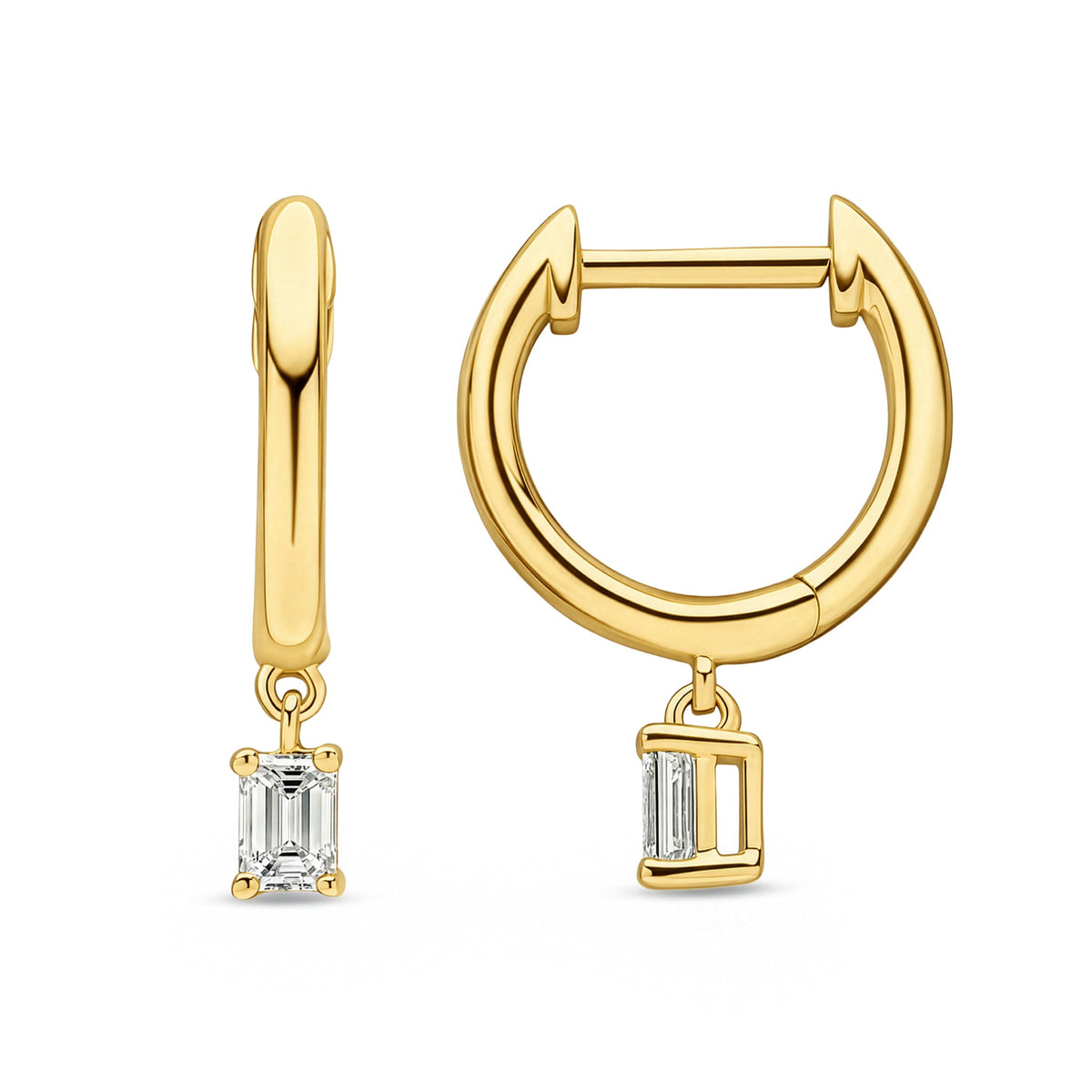 18ct Yellow Gold Emerald Cut Natural Diamond Drop Hoop Earrings