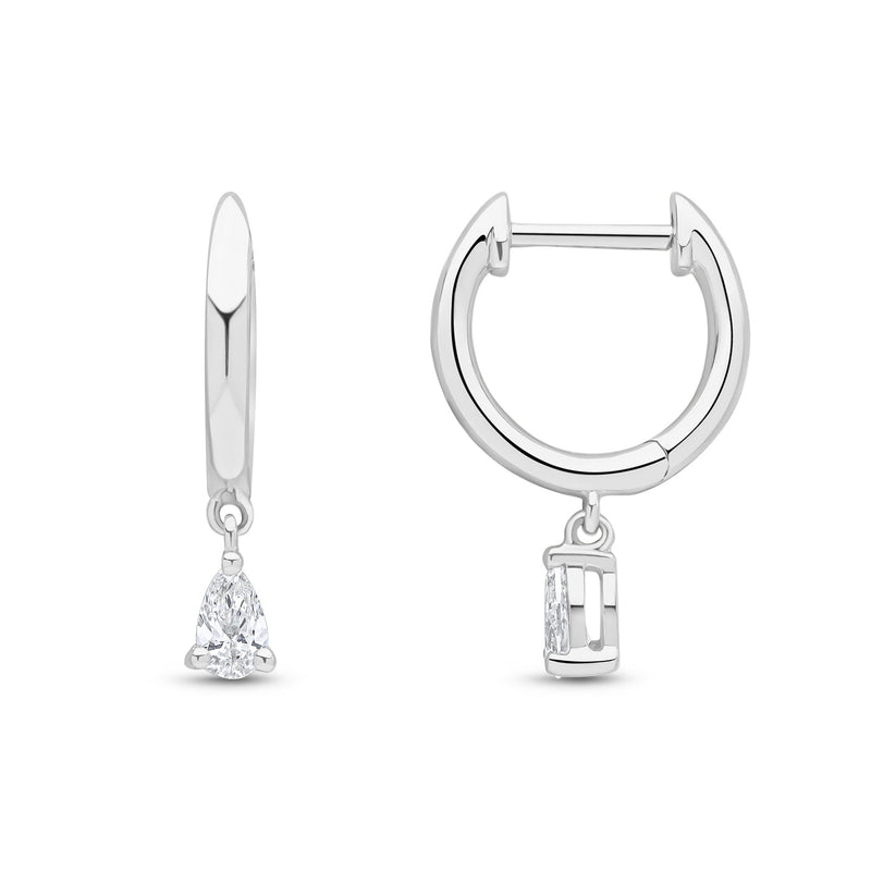 18ct White Gold Hoop Earrings with Pear Shaped Natural Diamond Drops — 10mm