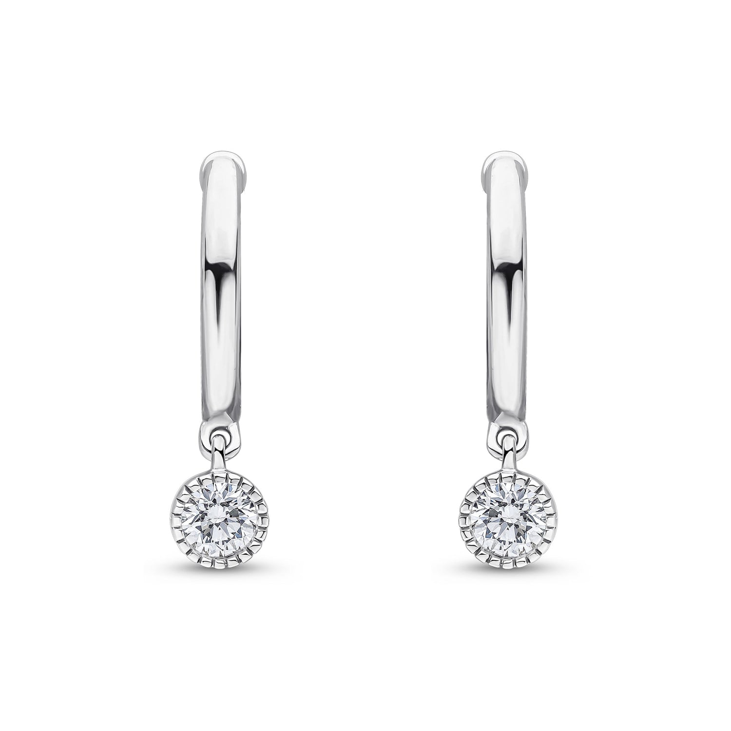 18ct White Gold Hoop Earrings with Millegrain Natural Diamond Drops — 12.5mm