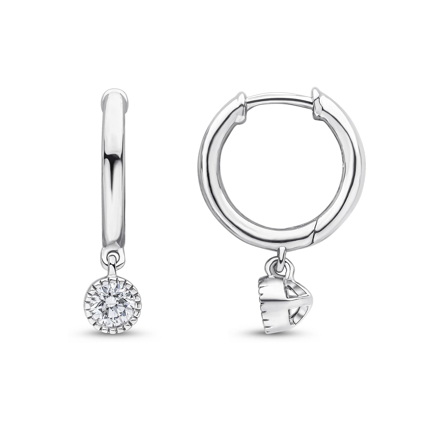 18ct White Gold Hoop Earrings with Millegrain Natural Diamond Drops — 12.5mm