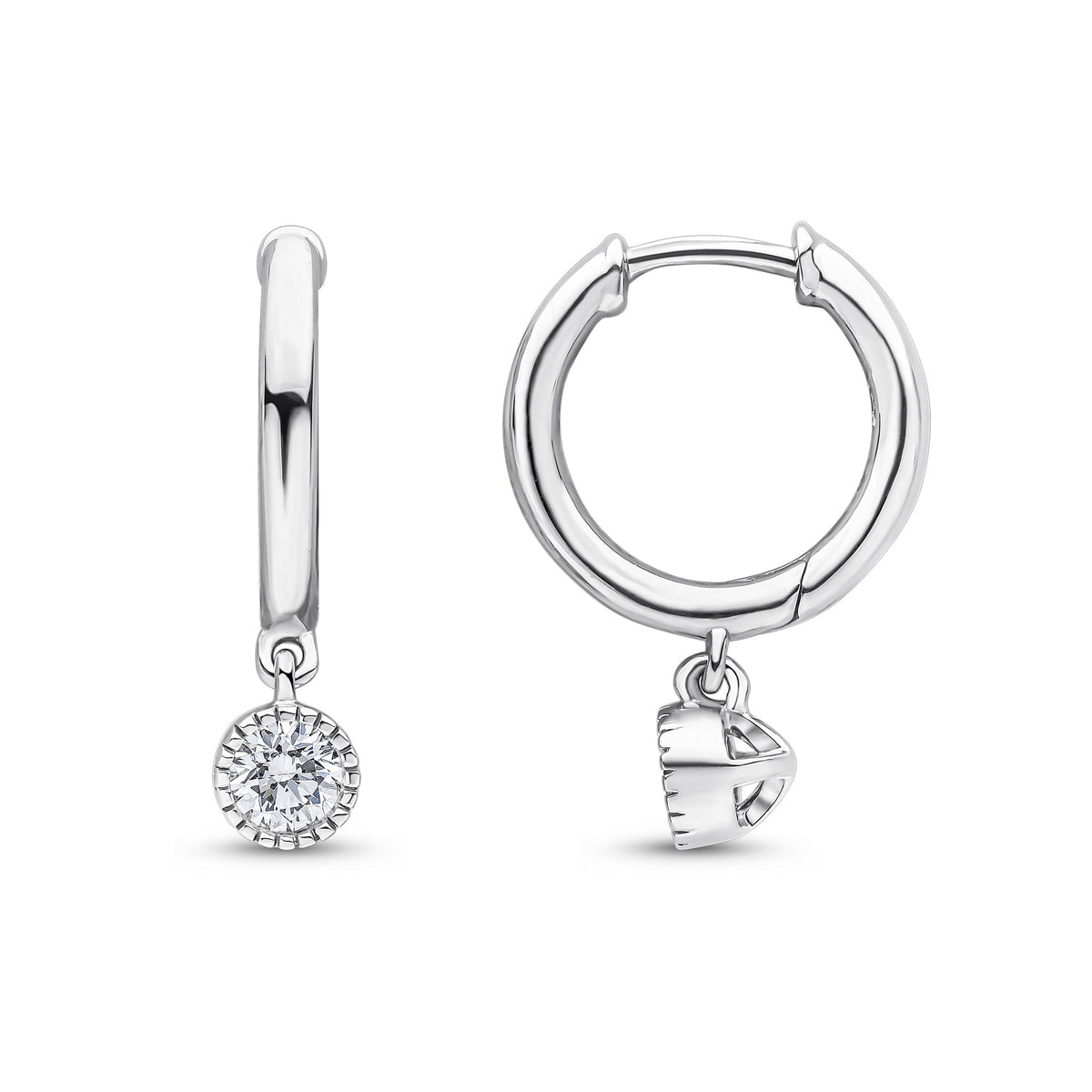 18ct White Gold Hoop Earrings with Millegrain Natural Diamond Drops — 12.5mm