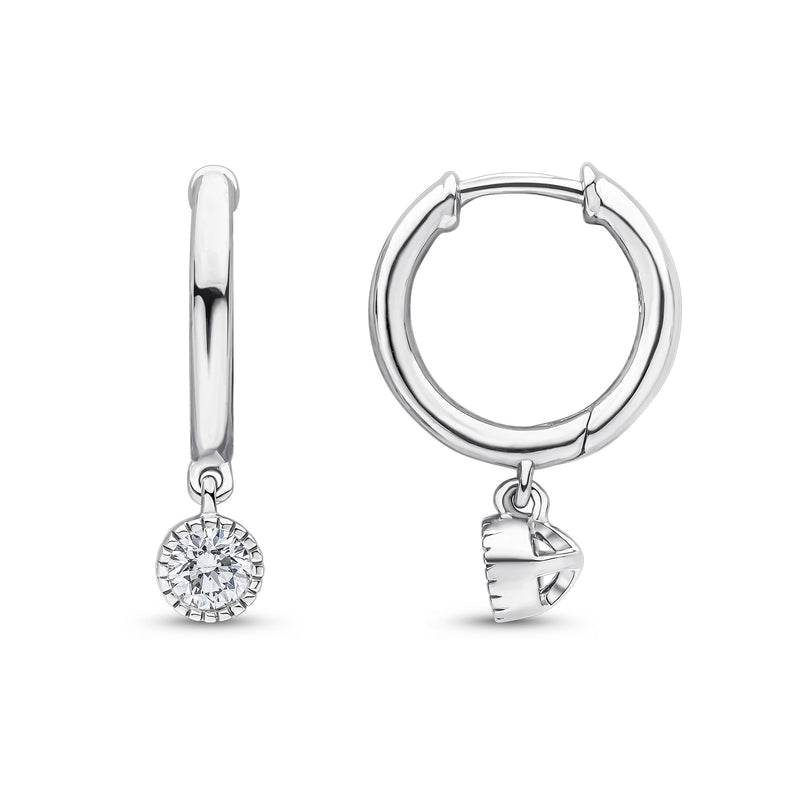 18ct White Gold Hoop Earrings with Millegrain Natural Diamond Drops — 12.5mm