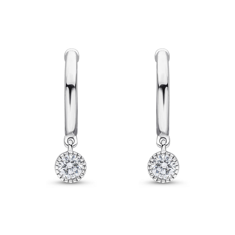 18ct White Gold Hoop Earrings with Millegrain Natural Diamond Drops — 12.5mm