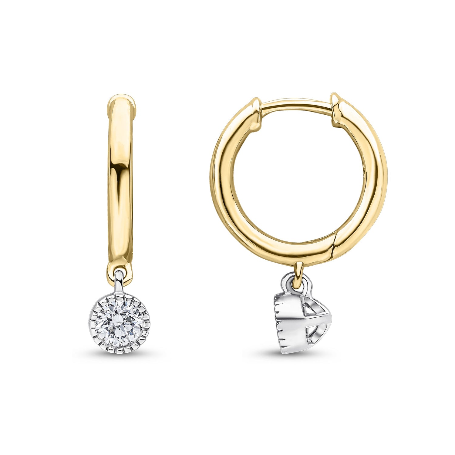 18ct Yellow Gold Hoop Earrings with White Gold Millegrain Natural Diamond Drops — 12.5mm