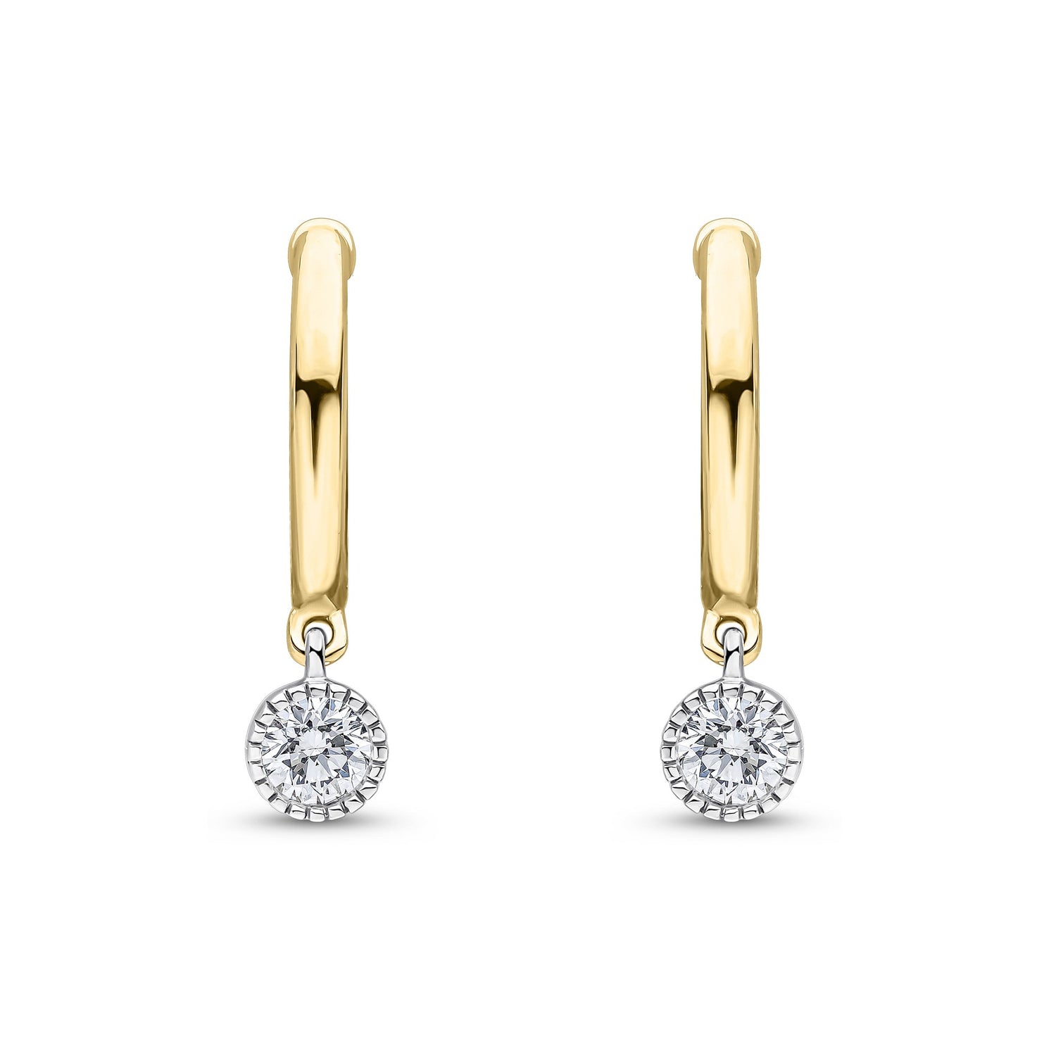 18ct Yellow Gold Hoop Earrings with White Gold Millegrain Natural Diamond Drops — 12.5mm