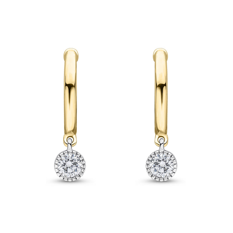 18ct Yellow Gold Hoop Earrings with White Gold Millegrain Natural Diamond Drops — 12.5mm