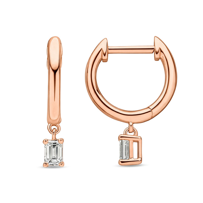 18ct Rose Gold Emerald Cut Natural Diamond Drop Hoop Earrings