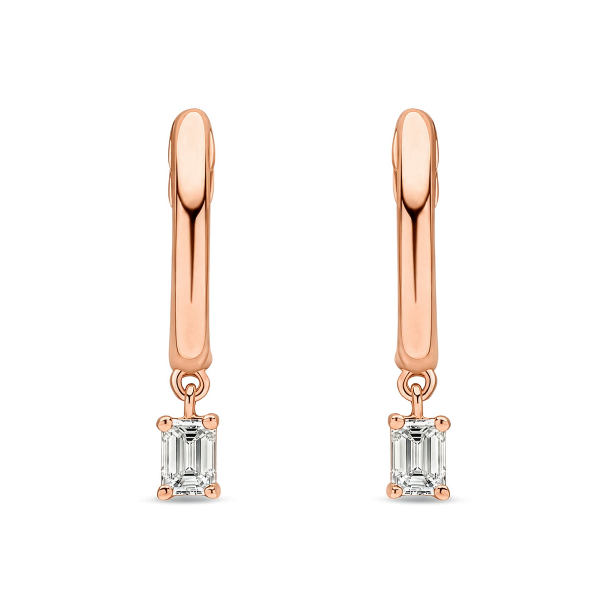 18ct Rose Gold Emerald Cut Natural Diamond Drop Hoop Earrings