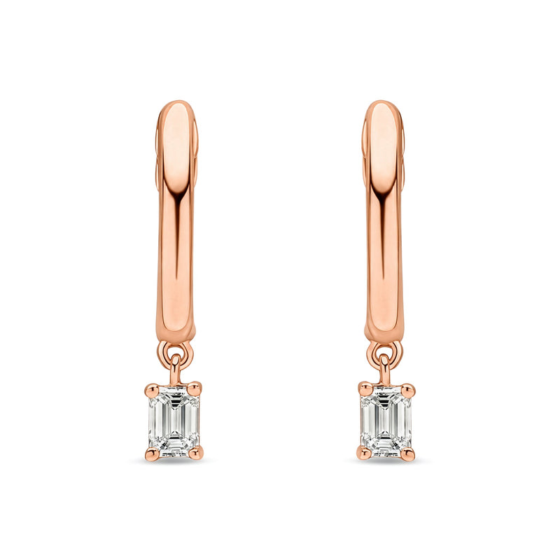 18ct Rose Gold Emerald Cut Natural Diamond Drop Hoop Earrings