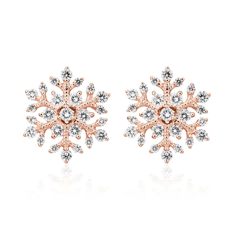18ct Rose Gold Natural Diamond Snowflake Stud Earrings — 12mm