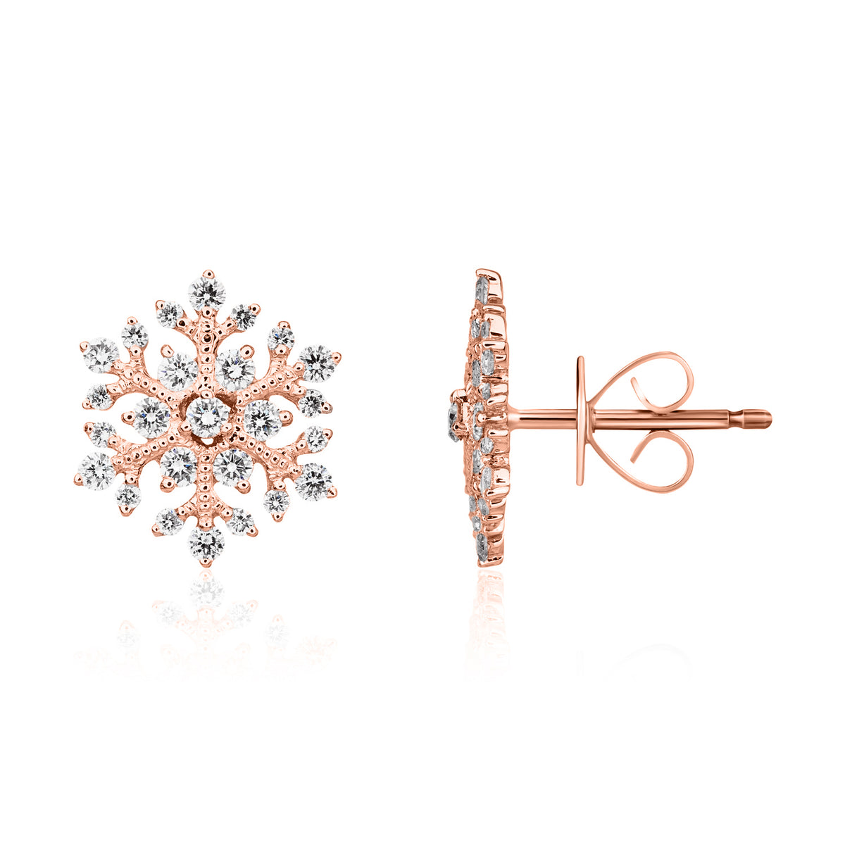 18ct Rose Gold Natural Diamond Snowflake Stud Earrings — 12mm