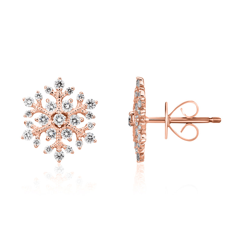 18ct Rose Gold Natural Diamond Snowflake Stud Earrings — 12mm