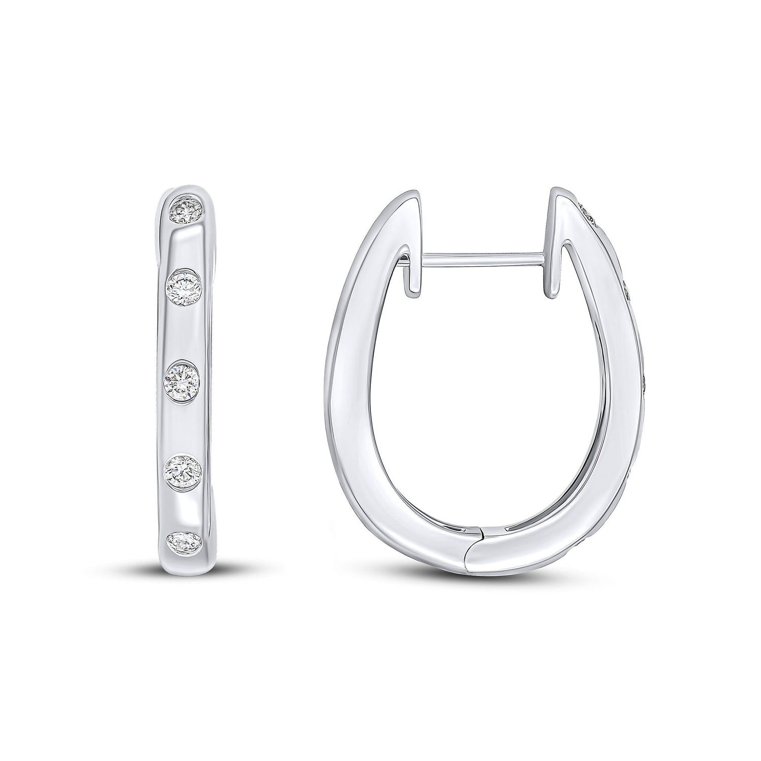 18ct White Gold Round Natural Diamond Flush Set Oval Hinged Huggie Hoop Earrings