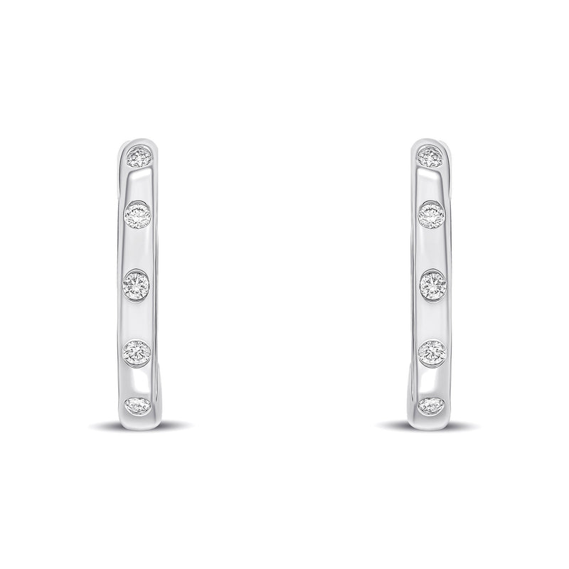 18ct White Gold Round Natural Diamond Flush Set Oval Hinged Huggie Hoop Earrings